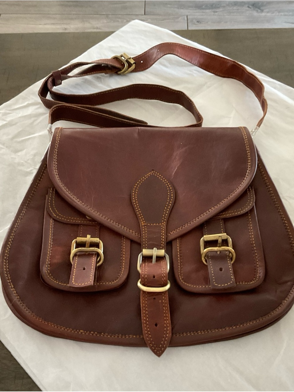 FIRU  Style Leather Satchel Crossbody Bag Brown Brass Buckles Artisan Crafted